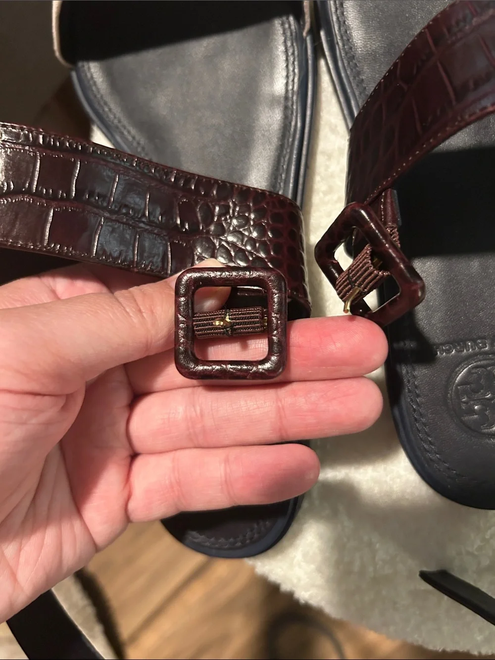 Tory Burch Blush Suede & Dark Brown Croc-Embossed Sandals